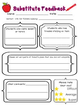 Substitute Feedback Freebie School Pinterest School Teacher And Teaching Ideas Substitute Folder Template