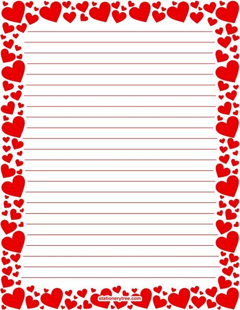 Printable red heart stationery and writing paper. Multiple versions available with or without lines. Free PDF downloads at http://stationerytree.com/download/red-heart-stationery/