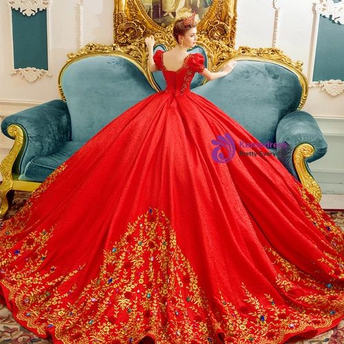gold and red ball gown