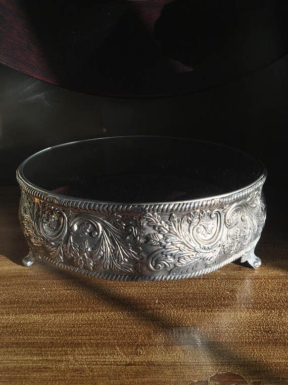 Studio Silversmith Ornate Silver Mirror Cake Stand Repousse Mirrored Vanity Tray Centerpiece Mirrors Studio Silversmith Ornate Silver Mirror, Round Silver Mirror Cake Stand