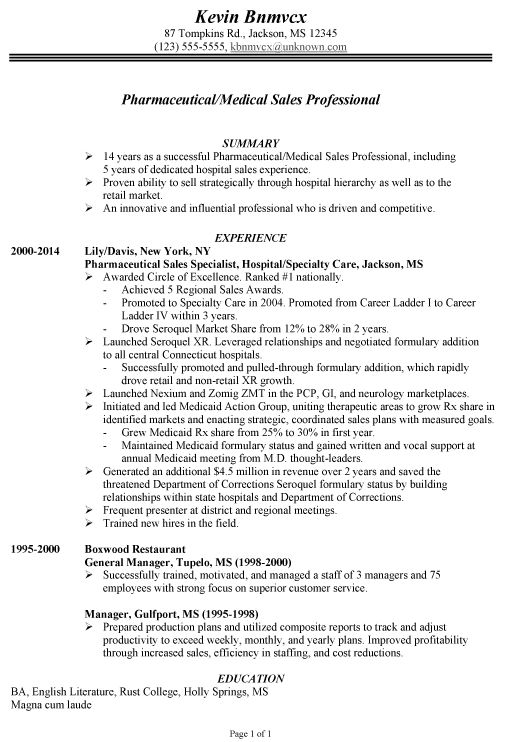 pharmaceutical sales resume sample