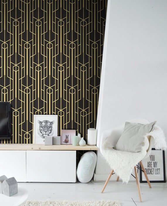 Abstract Monochrome Removable Wallpaper Golden And Black Wall Etsy Removable Wallpaper Black Walls How To Install Wallpaper