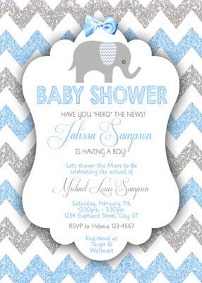 Printable Boy Elephant Baby Shower Invitations Blue Gray Glitter Printable Boy Elephant Baby Shower Invitations Blue Gray Glitter Chevron Pinterest Showers And