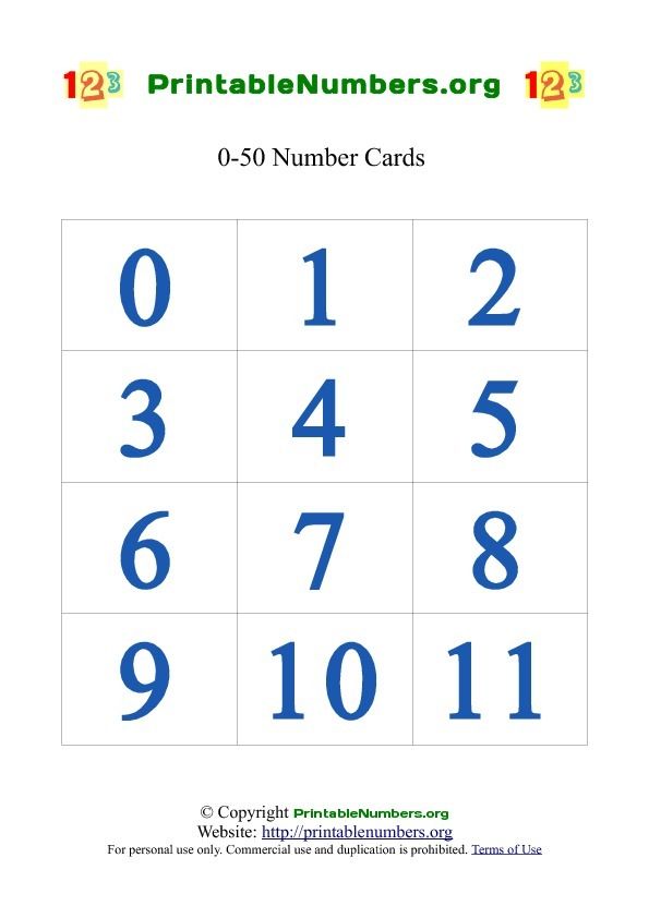 0 50 Number Card Blue Template Printable Numbers Number Cards Cards