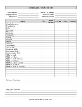 Employers can evaluate employees' work performance, skills, attendance and communication with this printable evaluation form. Free to download and print