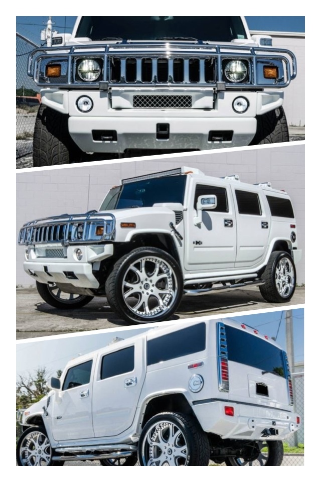 four different views of a hummer truck with chrome wheels and rims on the front