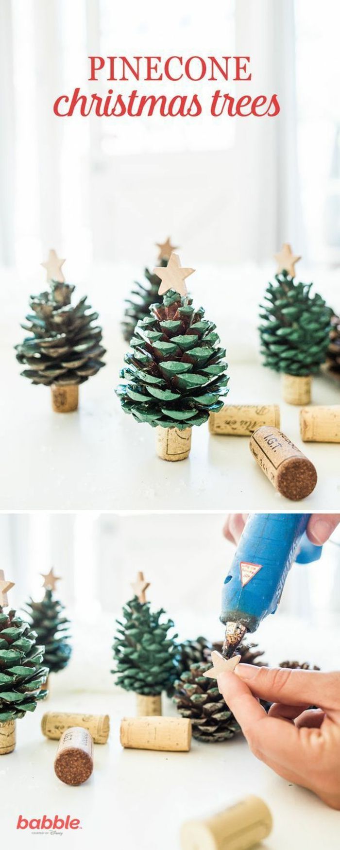 several little christmas trees made from pine cones painted green and cork wine stoppers