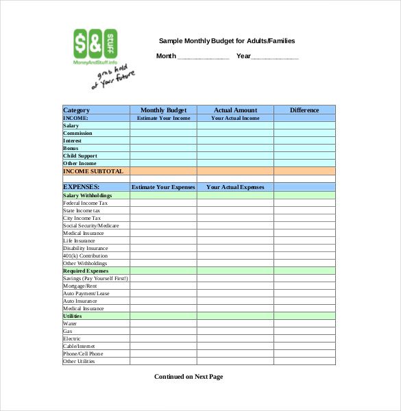 sample household budget template