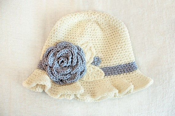 Download 6 to 12m Crochet Sun Hat For Baby Girls in Cream & Blue, Beautiful Rose Flower Cloche With a ...