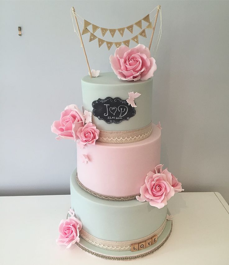 Rustic Wedding Cake With Pale Pink And Green Tiers Bunting Scrabble LOVE Lettering Rustic Wedding Cake With Pale Pink And Green Tiers Bunting Scrabble LOVE Lettering