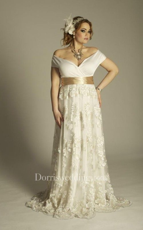 Plus Size Off Shoulder A Line Vintage Lace Floor Length Wedding Gown Plus Size Off Shoulder A Line Vintage Lace Floor Length Wedding Gown With Sash