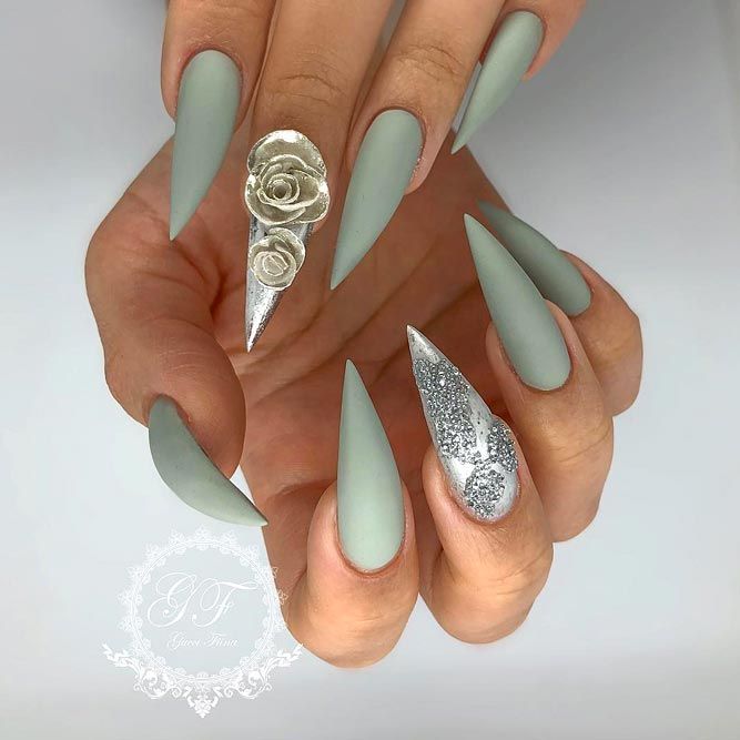 Grey Floral Stiletto Acrylic Nails