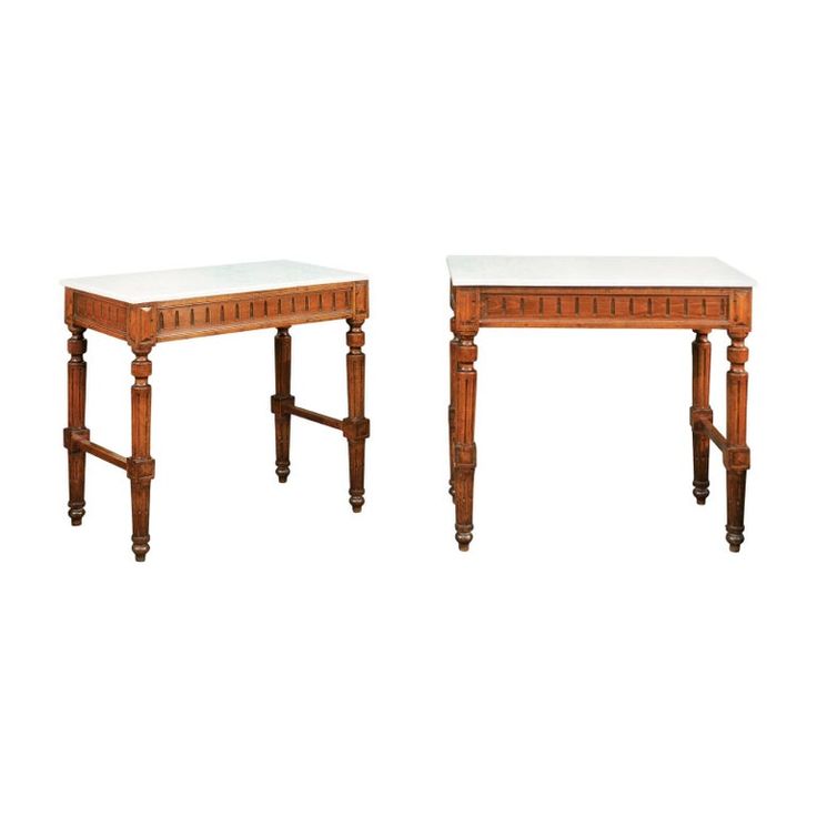 Pair Of French 1870s Neoclassical Style Wooden Console Tables With Marble Tops Table Top Wooden Console Tables With Marble Tops, Marble Top Wood Console Table