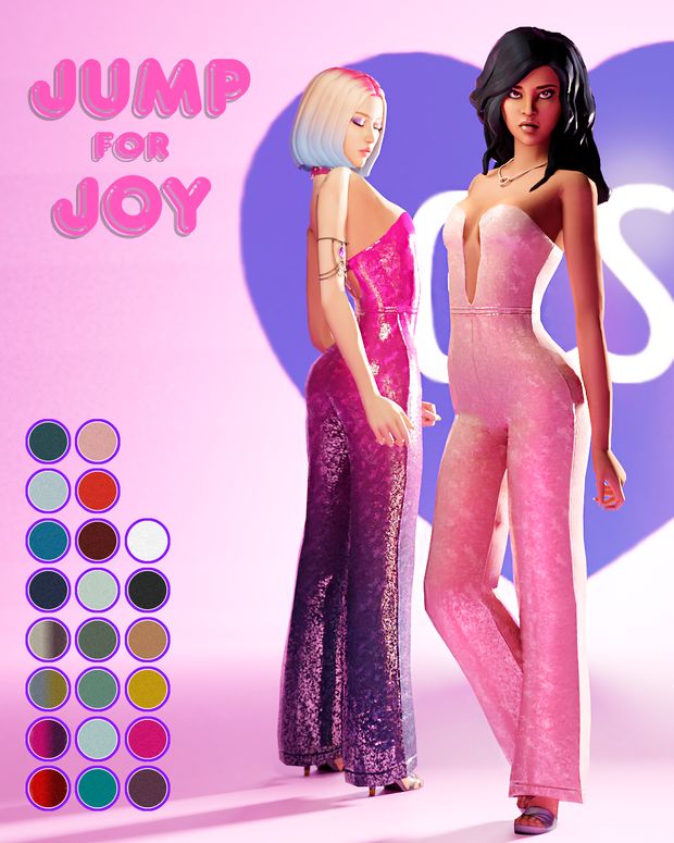 This may contain: two women in pink dresses standing next to each other with the words jump for joy