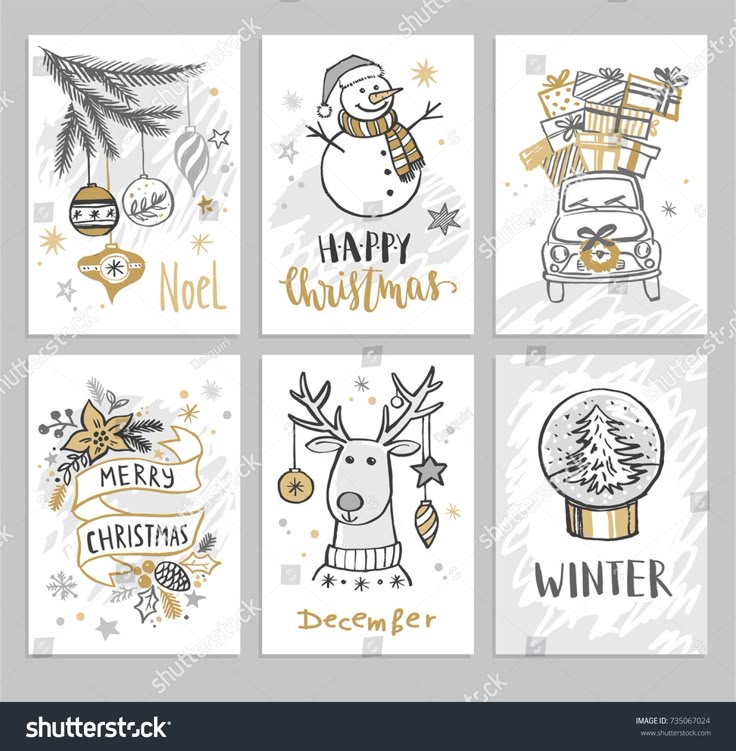 six christmas cards with hand drawn designs