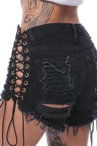 Crisscross Ripped Hole Denim Shorts