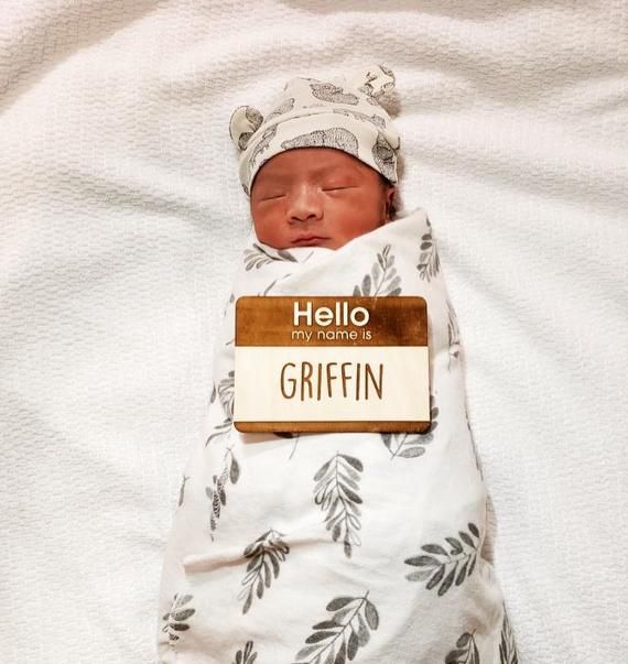 Newborn Hospital Photo Prop Custom Baby Shower Gift Birth Announcement Sign Hello My Name Is Personalized Plaque Wood Engraved Name Tag