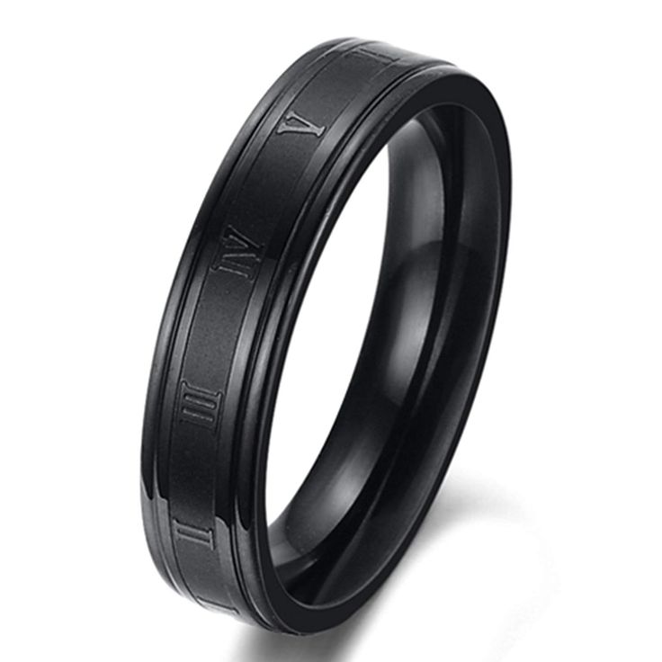 Fashion Month Women 4.5mm Stainless Steel Roman Numerals Black Ring Grooved Matte Finish Center Engagement Wedding Band Fashion Month Women 4.5mm Stainless Steel Roman Numerals Black Ring Grooved Matte Finish Center Engagement Wedding Band
