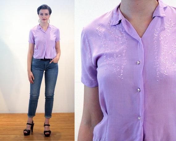 Vintage 1980s Sheer Blush Short Sleeve Shell with Floral Embroidery Buttons Up the Back