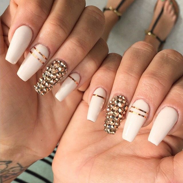 194 Best White Nail Designs Images On Pinterest Nail Scissors Love these coffin shaped, off white nails with gold stones on the accent nails - 194 Best White Nail Designs Images On Pinterest Nail Scissors