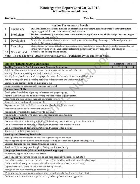 common core report cards for kindergarten through fifth grade report cards template