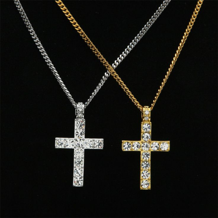Hip Hop Alloy Cross Pendant Necklace Iced Out Rhinestone Silver Tone Crucifix
