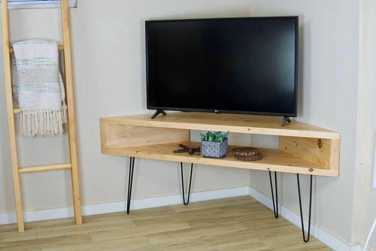 Corner Tv Console Table Wood And Hairpin Legs En 2022 Mueble Esquinero Para Consola De Muebles Esquina Corner Tv Console Table Wood And, Corner Tv Unit And Console Table