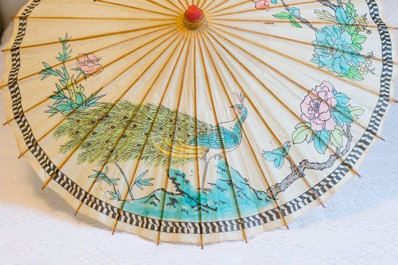 Paper Parasol Rice Umbrella Sunshade Oriental Chinese Paper Parasol Rice Umbrella Sunshade Oriental Chinese Pea Hand Painted Birds Flowers Chinoiserie Photo Prop