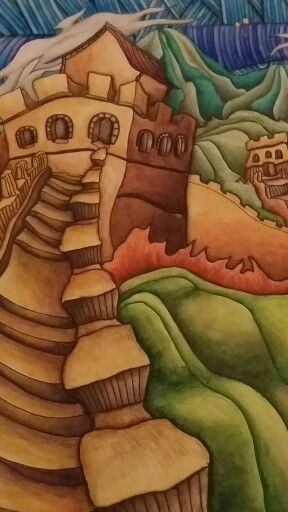 Closeup Of The Great Wall China Page Magical City Adult Coloring Book Colored By Dayna Brown With Inktense Pencils Activated A Waterbrush