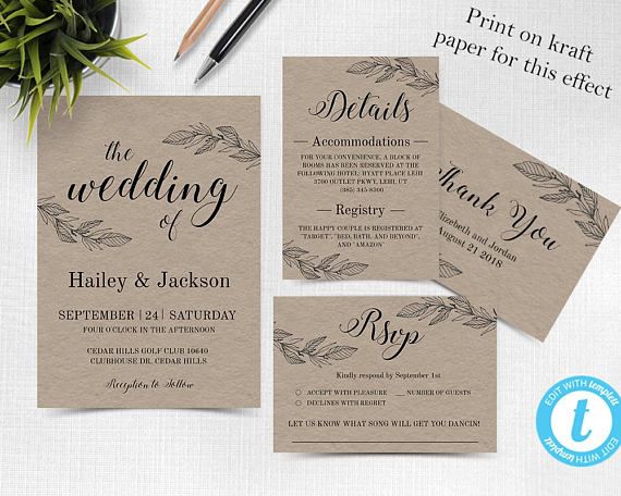 Rustic Wedding Invitation Template, Wedding invitation template, Wedding Invite, Kraft wedding Invitation, instant download, Kraft Wedding