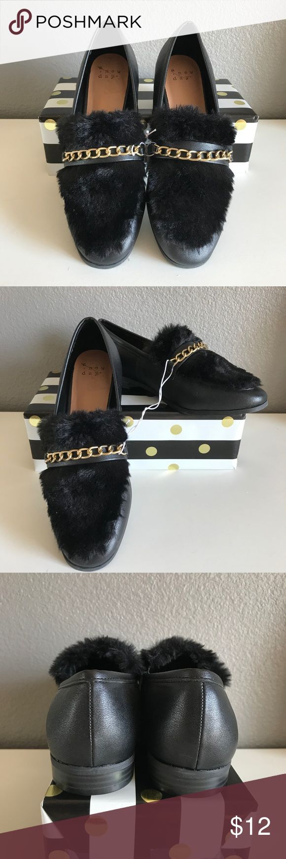 Black Faux Fur Loafers Black faux-leather loafers with faux-fur accent elevates ...