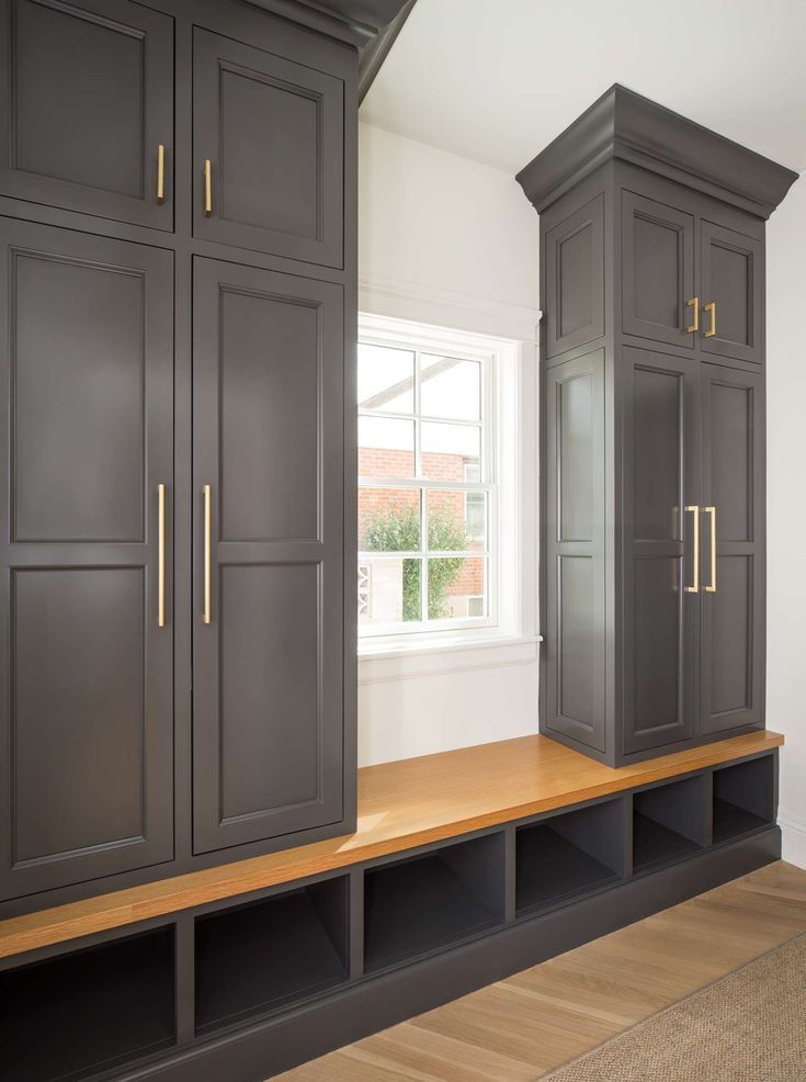 Farmhouse mud room with custom cabinetry painted Benjamin Moore Trout Gray. Whit… Farmhouse mud room with custom cabinetry painted Benjamin Moore Trout Gray. Whit…