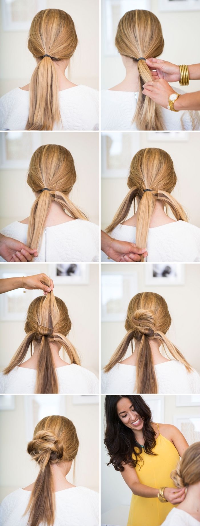 Step By Step Diy Tutorial Beautiful Hairstyles Blonde Hair In A Ponytail Slowly Braided Into A Bun Coiffure Facile Faire Un Chignon Idees Cheveux Longs