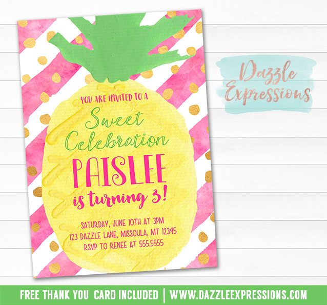 Printable Watercolor Pineapple Birthday Invitation | Luau Invite | Pool Party | Adult or Kids Summer Party Idea | Party Like a Pineapple | Pink and Gold Glitter | Tropical Fruit | Hawaiian Party | Digital File Baby Shower | Bridal Shower | FREE thank you card | Party Package Available | Banner | Cupcake Toppers | Favor Tag | Food and Drink Labels | Signs | Signs | Candy Bar Wrapper | www.dazzleexpressions.com