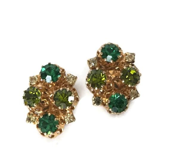 Rhinestone Clip On Earrings Vintage Green Rhinestones Gold Tone Rhinestone Clip On Earrings Vintage Green Rhinestones Gold Tone Metal Costume Jewelry Earring Austrian Crystal