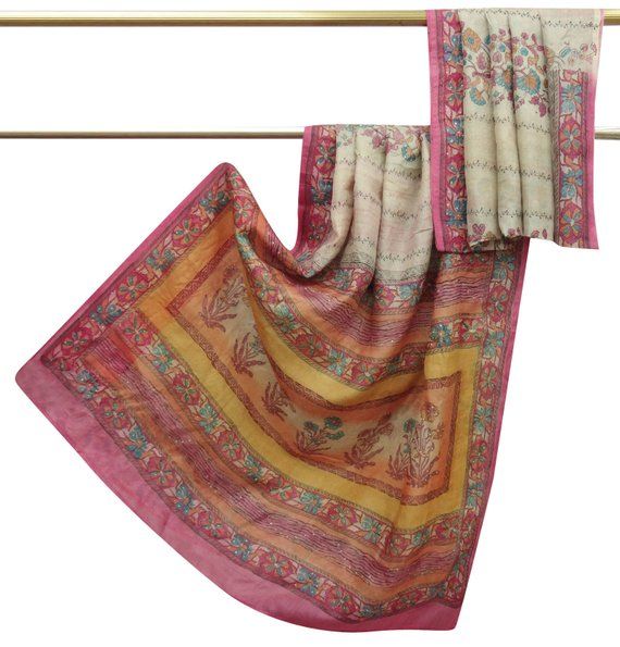Vintage Nice Printed Khadi Silk Saree Dress Making Sari Beige Craft Fabric Used 5 Yard PSK1466 8 Vintage Nice Printed Khadi Silk Saree Dress Making Sari Beige Craft Fabric Used 5 Yard PSK1466 8