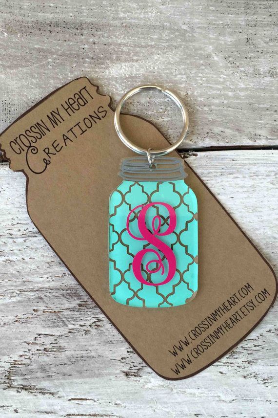 Monogram Mason Jar Keychain Quatrefoil Design Mason jar keychain