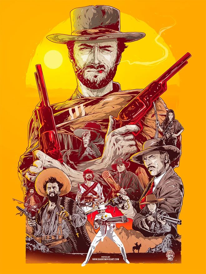 Rugged Illustration of the Man with No Name gifts for him western movie fan cowboy poster Clint Eastwood Art Print