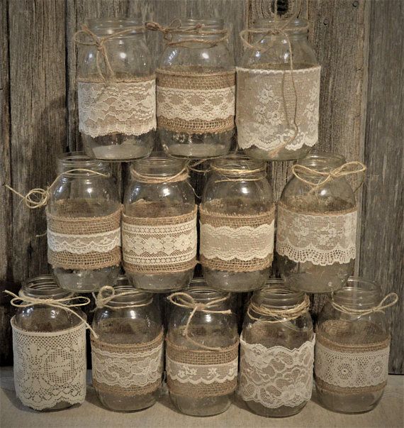 These are 12 ivory lace mason jar sleeves. The burlap and lace is already adhere...