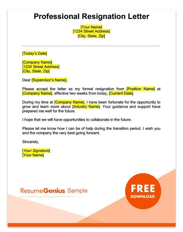 a sample professional two weeks notice resignation letter https