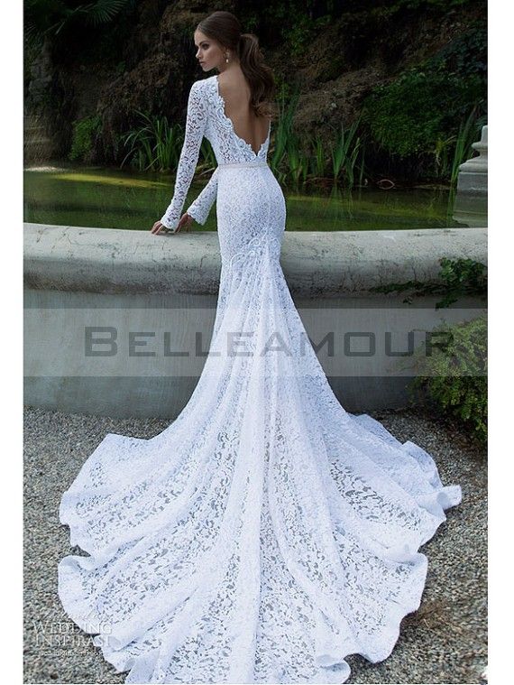 THE MAKEUP Robe de mariée De Luxe Dentelle Longue Blanche Manche Sirène Taîne Longue