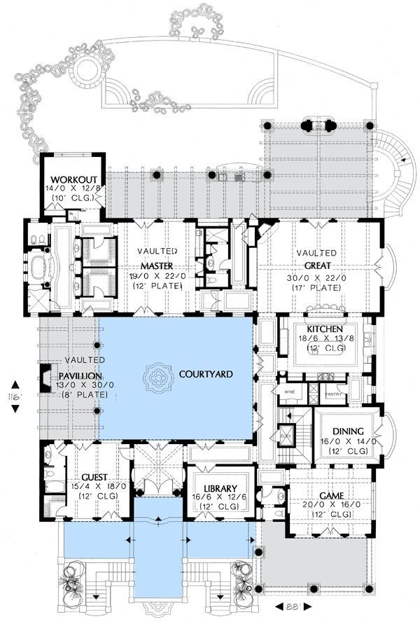 Central Courtyard Courtyard House Plans House Floor Plans Mediterranean House Plans