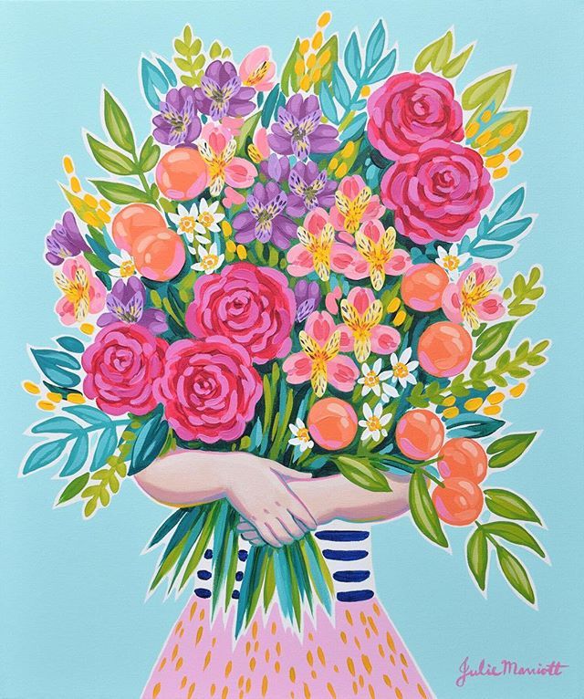 Illustrated postcard of a girl with a bouquet of flowers sitting on a staircase in a garden