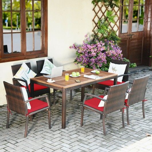 7pcs Patio Rattan Cushioned Dining Set With Umbrella Hole Red In 2021 Furniture Sets 7pcs Patio Rattan Cushioned Dining Set, 7pcs Patio Rattan Cushioned Dining Set With Umbrella Hole