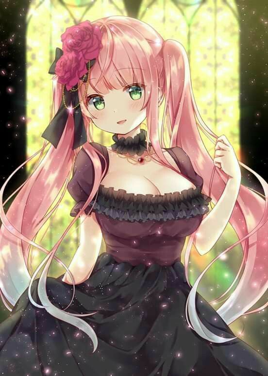 Anime girl pink hair green eyes