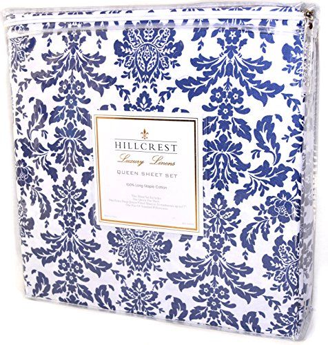 Hillcrest Blue Damask 60pc Sheet Set 60% Cotton Luxury Linens Fascinating Blue Patterned Sheets Hillcrest Blue Damask 60pc Sheet Set 60% Cotton Luxury Linens Fascinating Blue Patterned Sheets