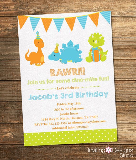 dinosaur birthday invitation boy birthday third birthday first