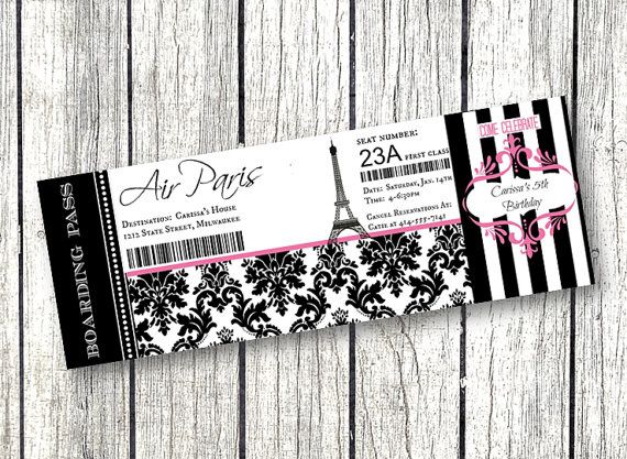 paris birthday party boarding pass ticket invitation pink and black