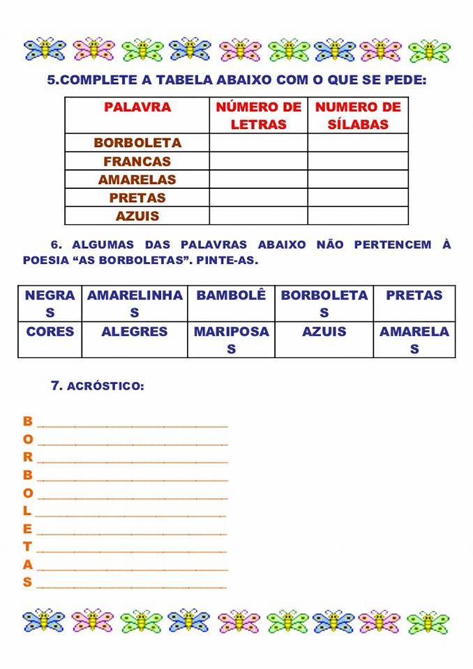 Atividades com o poema As borboletas de Vinícius de Moraes