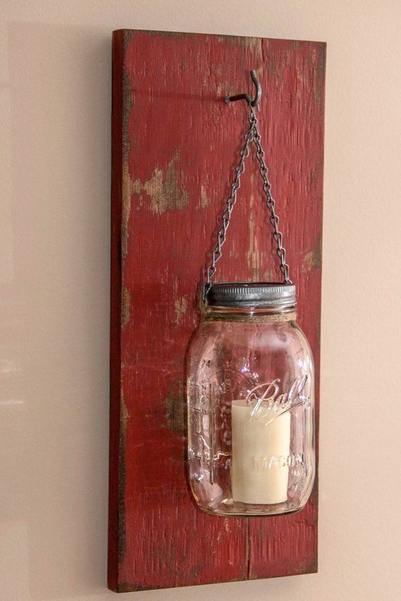 Rustic Mason Jar Wood Wall Sconce Distressed Red Candle This Rustic And Distressed Red Mason Jar Wall Sconce Is Handcrafted From Rough Cedar Wood One 32 Ounce Chain Hook Twine